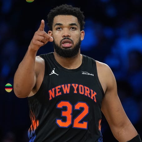 New York Knicks center Karl-Anthony Towns reacts against the San Antonio Spurs during the NBA Cup final at T-Mobile Arena on Dec. 16, 2025.