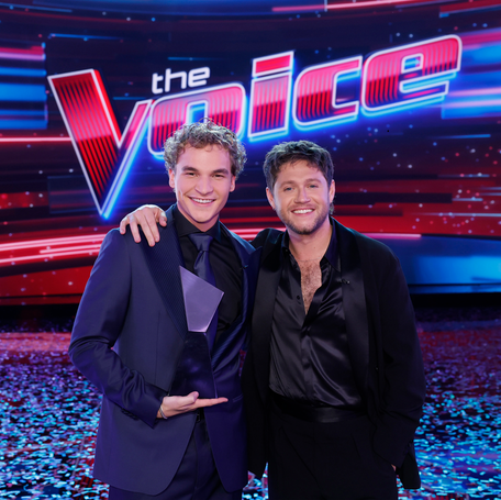 Coach Niall Horan with "The Voice" winner Aiden Ross.