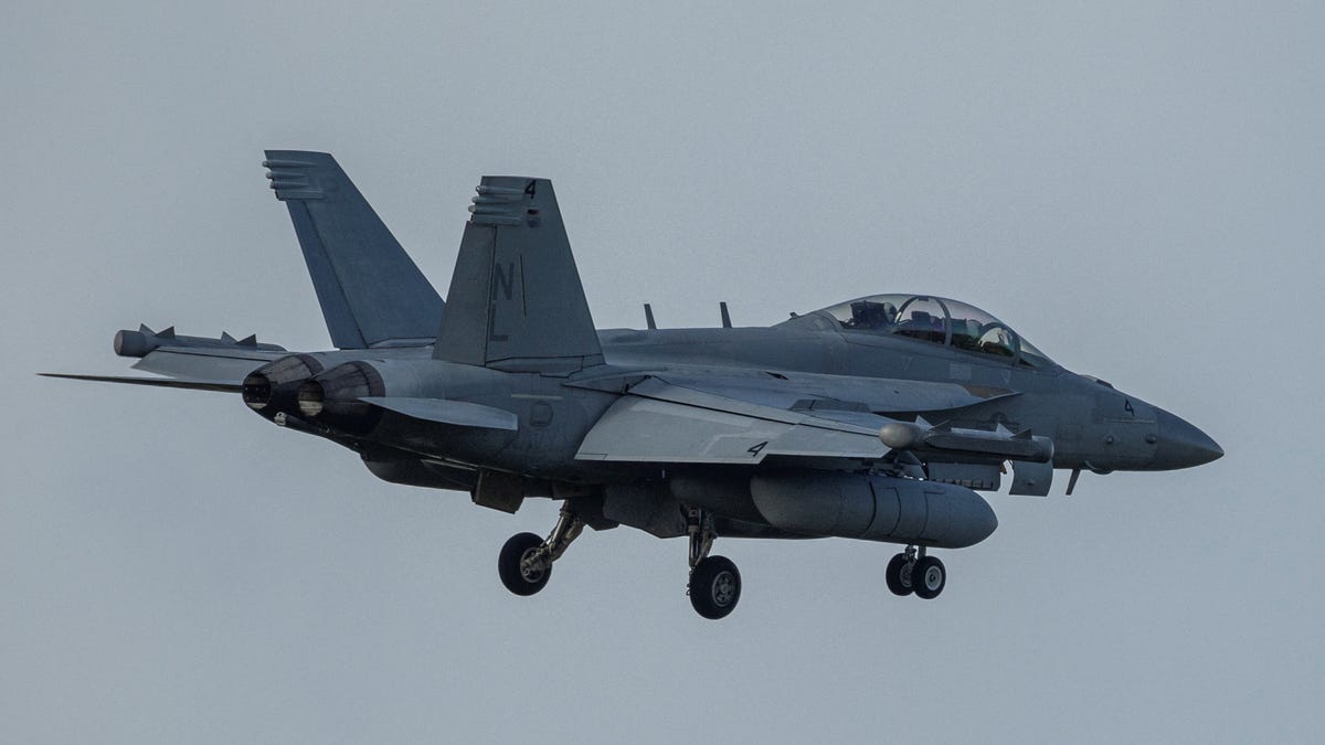 A U.S. Navy EA-18G Growler approaches for landing at the former Roosevelt Roads naval base in Ceiba, Puerto Rico, December 16, 2025.