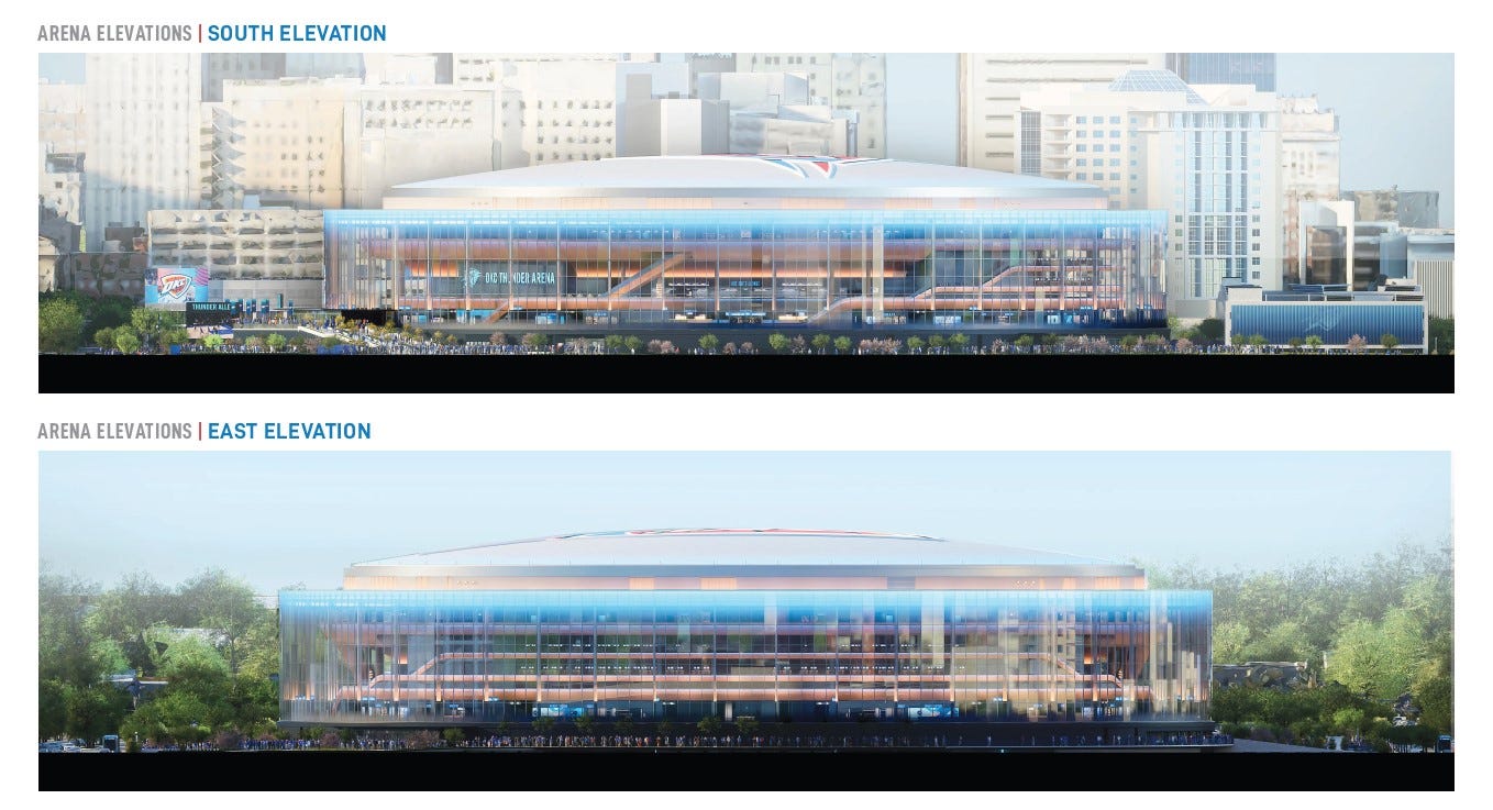 طراحی‌های آرنای جدید اوکلاهما سیتی نماهای شرقی و غربی ساختمان را نشان می‌دهند.