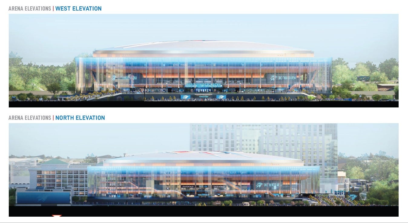 این طراحی از آرنای جدید اوکلاهما سیتی نماهای ساختمان را نشان می‌دهد.