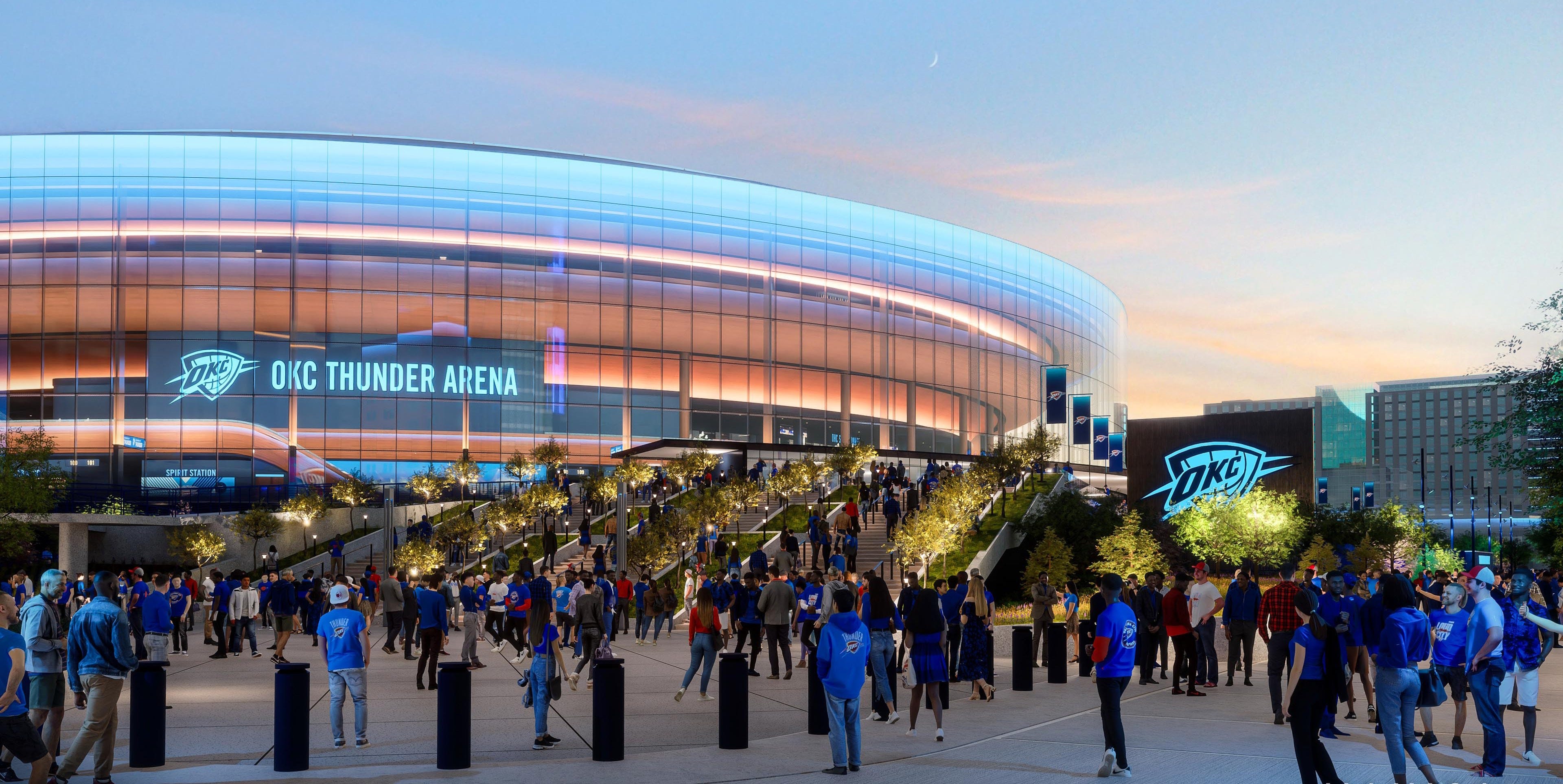 رندرهای جدید آرنای اوکلاهما سیتی ساختمان را در هنگام غروب نشان می‌دهند.