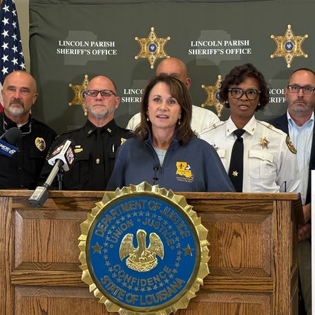 Louisiana Attorney Liz Murrill is surrounded by law enforcement leaders during a Dec. 18, 2025 press conference in Ruston.