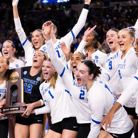 Dec 13, 2025; Lexington, KY, USA; The Kentucky Wildcats celebrate after winning against the Creighton Bluejays at Historic Memorial Coliseum. Mandatory Credit: Arden Barnes-Imagn Images