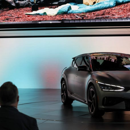 The KIA EV6 is presented during the press day at the Los Angeles Auto Show, in Los Angeles, California, on November 17, 2022.