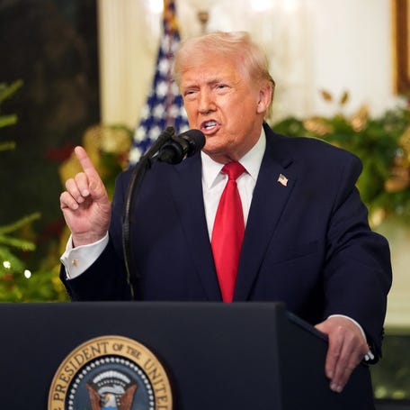 President Donald Trump delivers an address to the nation from the White House in Washington, DC, on Dec. 17, 2025.