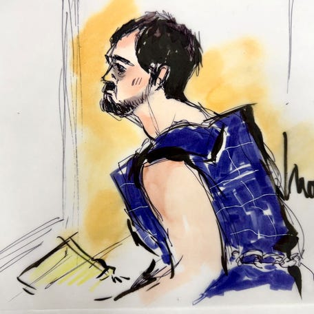 Nick Reiner, wearing a blue protective vest, makes his first court appearance in LA Superior Court in Los Angeles on Dec. 17, 2025, in this courtroom sketch.