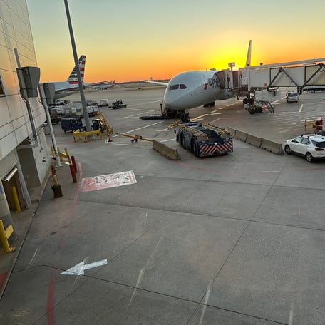 An American Airlines Boeing 787 at Dallas-Fort Worth International Airport.