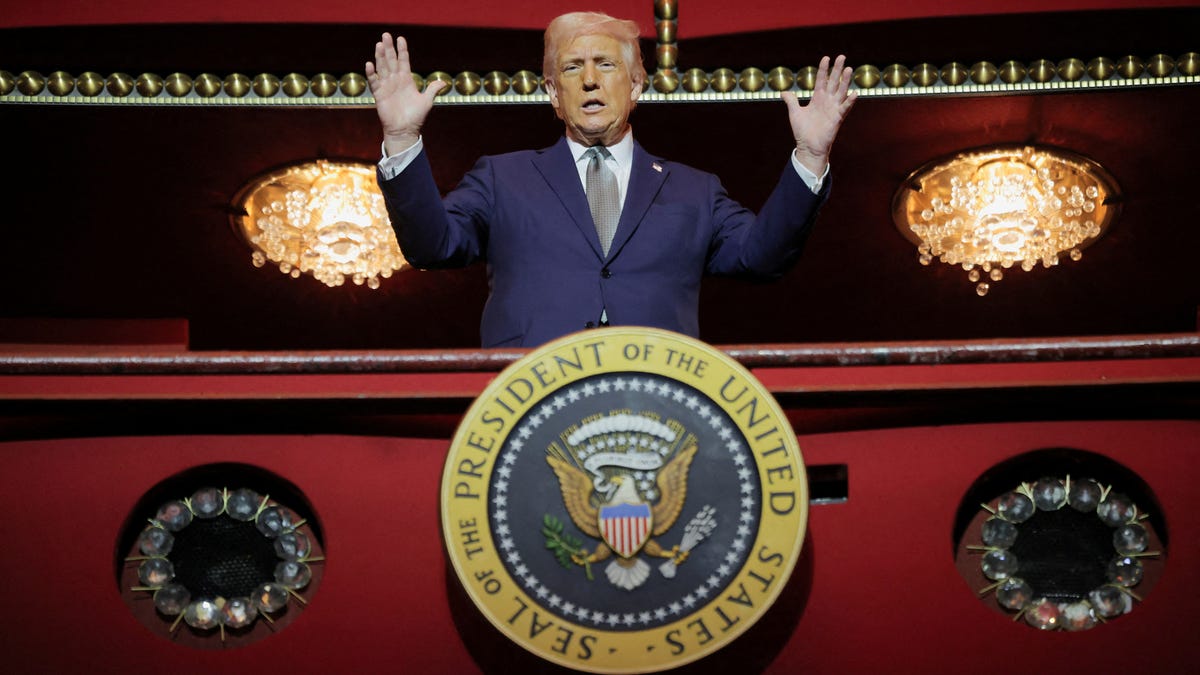 President Donald Trump gestures while he poses for a picture at the presidential box at the Kennedy Center, in Washington, D.C., U.S., March 17, 2025.