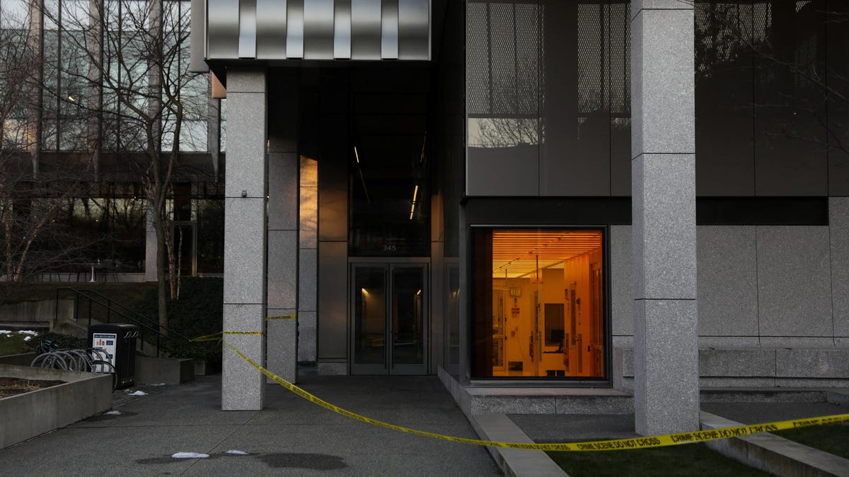 The Barus & Holley engineering building remains closed as the manhunt continues for the gunman, following a shooting at Brown University in Providence, Rhode Island. The building is piectured with crime scene tape on Dec. 17, 2025.