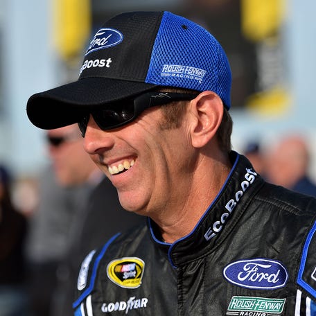 May 7, 2016; Kansas City, KS, USA; NASCAR Sprint Cup Series driver Greg Biffle looks on before the GoBowling.com 400 at Kansas Speedway.