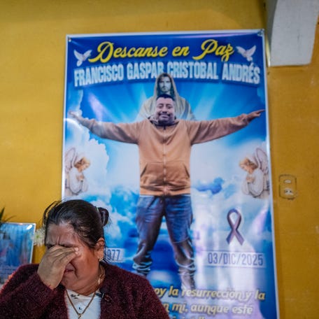 Lucía Pedro Juan cries as she speaks about the life and death of her husband, Francisco Gaspar Cristóbal Andrés, who died from medical complications while being held at the ICE detention center at Camp East Montana in El Paso, Texas, on Dec. 3, 2025. The couple had built a life in Florida for the past 20 years before being detained.