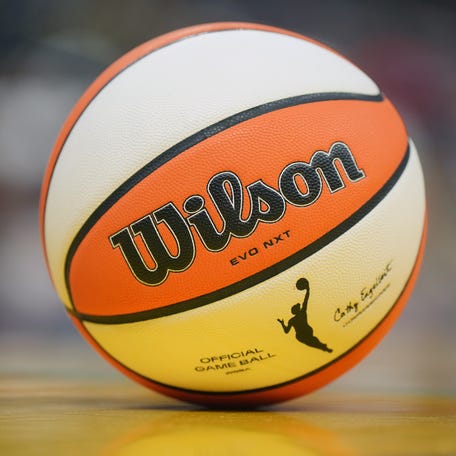 Jul 7, 2024; Los Angeles, California, USA; Detail view of a Wilson official WNBA Evo NXT basketball on the court at the Crypto.com Arena. Mandatory Credit: Kirby Lee-USA TODAY Sports