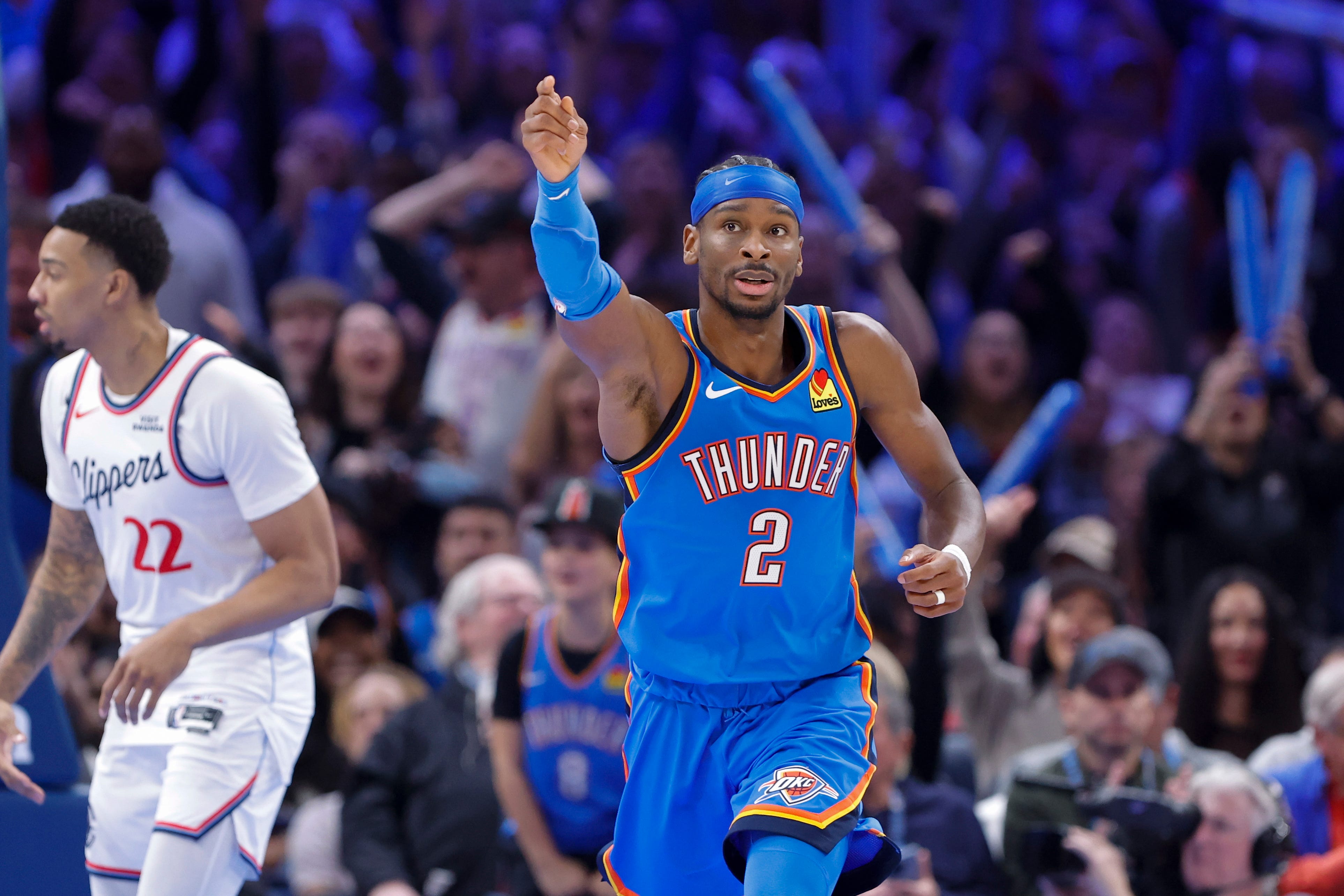 Dec 18, 2025; Oklahoma City, Oklahoma, USA; Oklahoma City Thunder guard Shai Gilgeous-Alexander (2) gestures after scoring against the Los Angeles Clippers during the second half at Paycom Center. Mandatory Credit: Alonzo Adams-Imagn Images