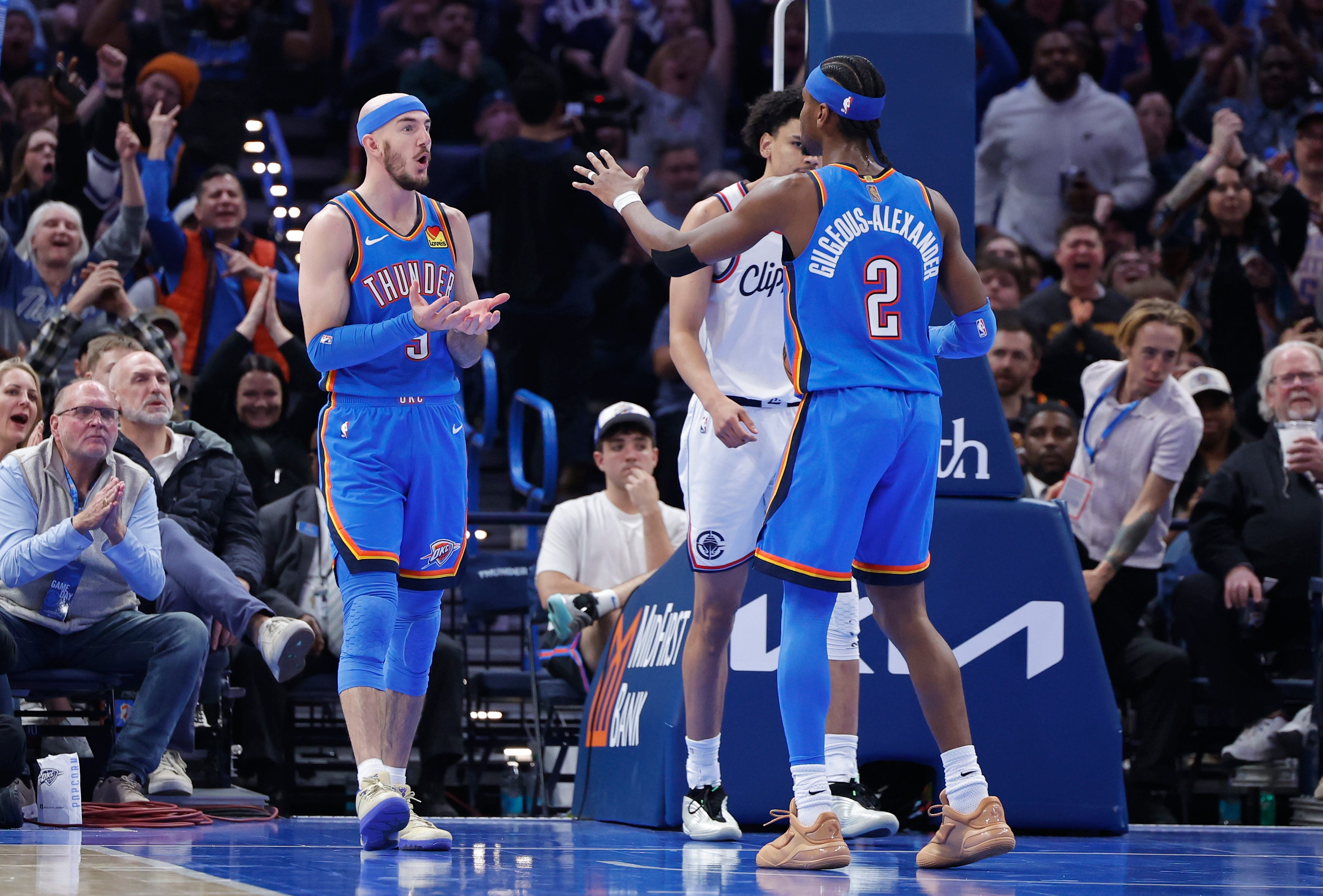 Dec 18, 2025; Oklahoma City, Oklahoma, USA; Oklahoma City Thunder guard Alex Caruso (9) gestures after scoring against the Los Angeles Clippers during the second half at Paycom Center. Mandatory Credit: Alonzo Adams-Imagn Images
