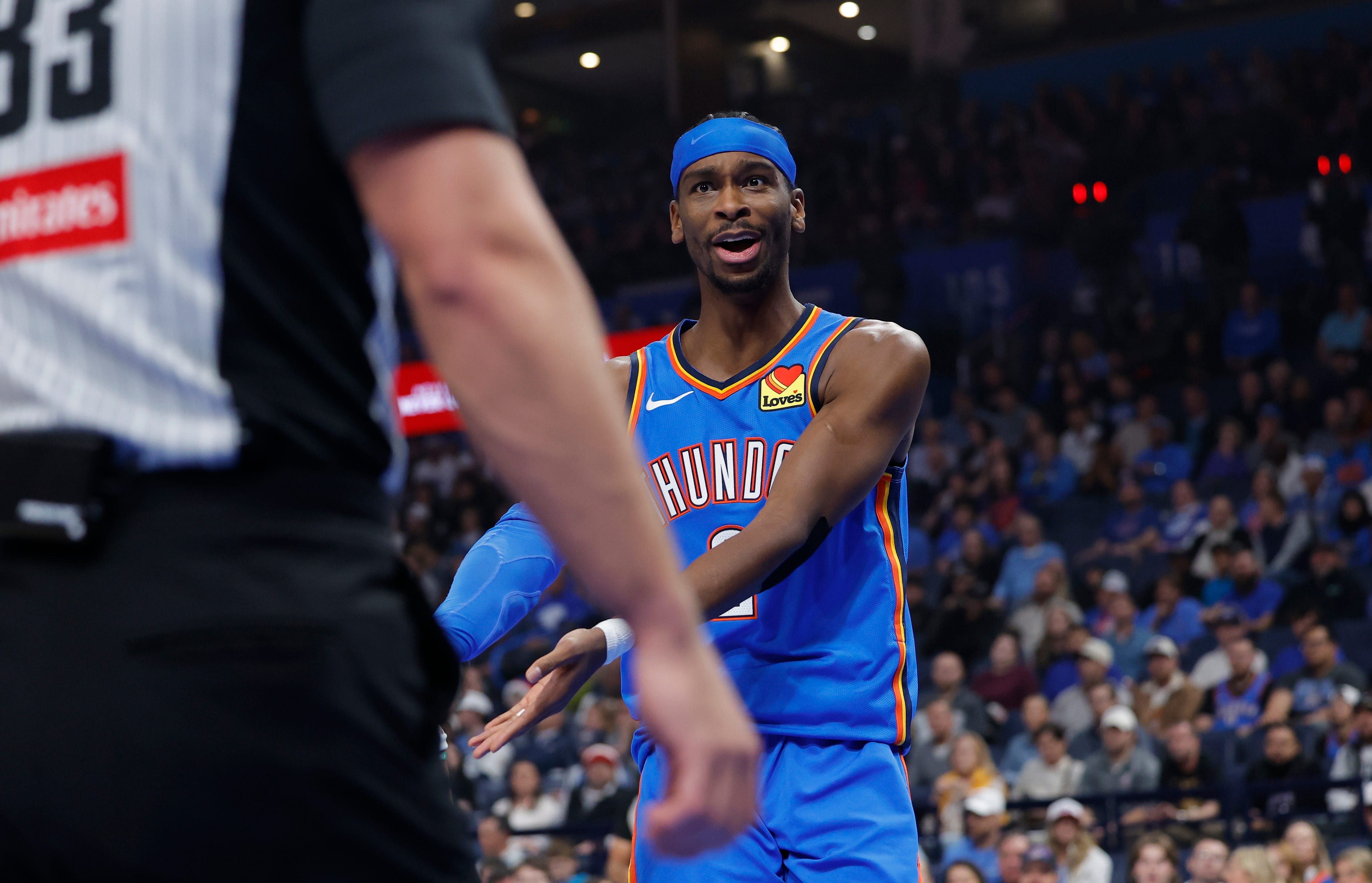 Dec 18, 2025; Oklahoma City, Oklahoma, USA; Oklahoma City Thunder guard Shai Gilgeous-Alexander (2) reacts to an officials call after a play against the Los Angeles Clippers during the first quarter at Paycom Center. Mandatory Credit: Alonzo Adams-Imagn Images