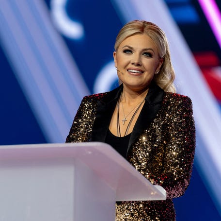 Turning Point USA CEO Erika Kirk speaks during AmericaFest in Phoenix on Dec. 18, 2025. AmericaFest is the first Turning Point USA summit since her husband and the organization's cofounder, Charlie Kirk, was fatally shot in September.