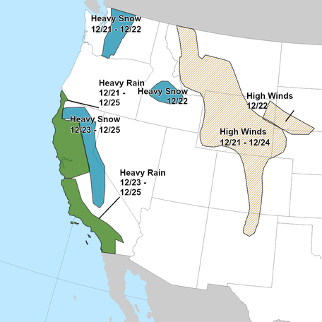 Heavy rain and snow is forecast for California for the next several days, as this map from Dec. 18 shows.