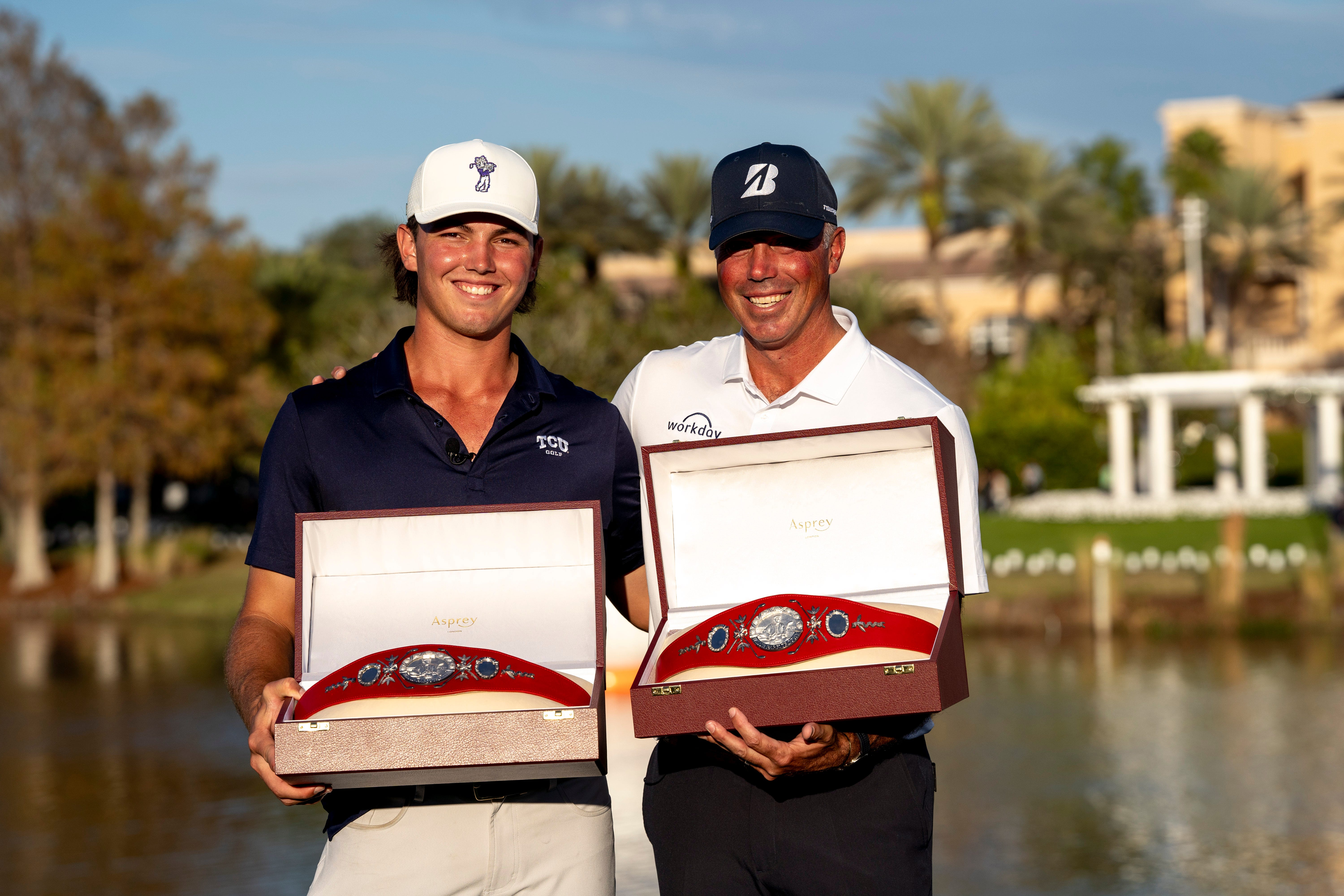 Cameron and Matt Kuchar celebrate after teaming up to win the 2025 PNC Championship.