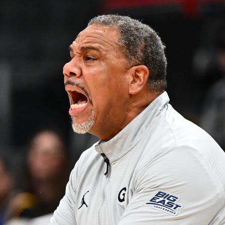 Georgetown head coach Ed Cooley reacts against Xavier during the first half at Capital One Arena.