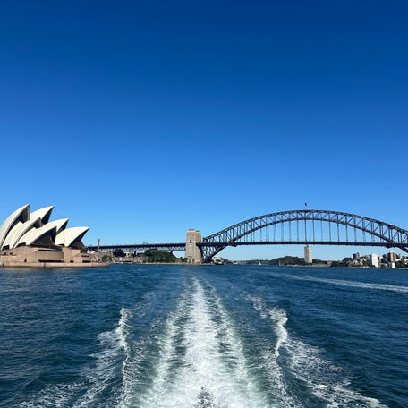 A view of the Sydney Harbour Bridge and Sydney Opera House from the fast ferry to Manly.