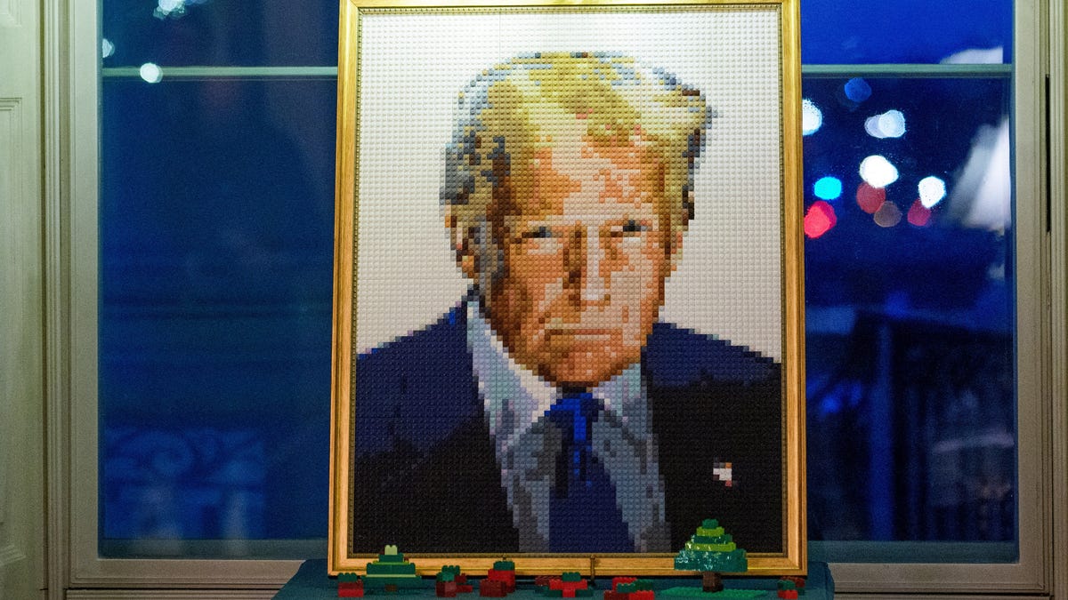 A Lego portrait of U.S. President Donald Trump is displayed in the Green Room of the White House during a media preview of the 2025 holiday decorations at the White House in Washington, U.S., December 1, 2025.
