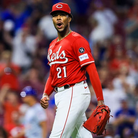 Reds starting pitcher Hunter Greene (21) reacts after a win against the Cubs at Great American Ball Park in Cincinnati, Ohio on Sept. 18, 2025.