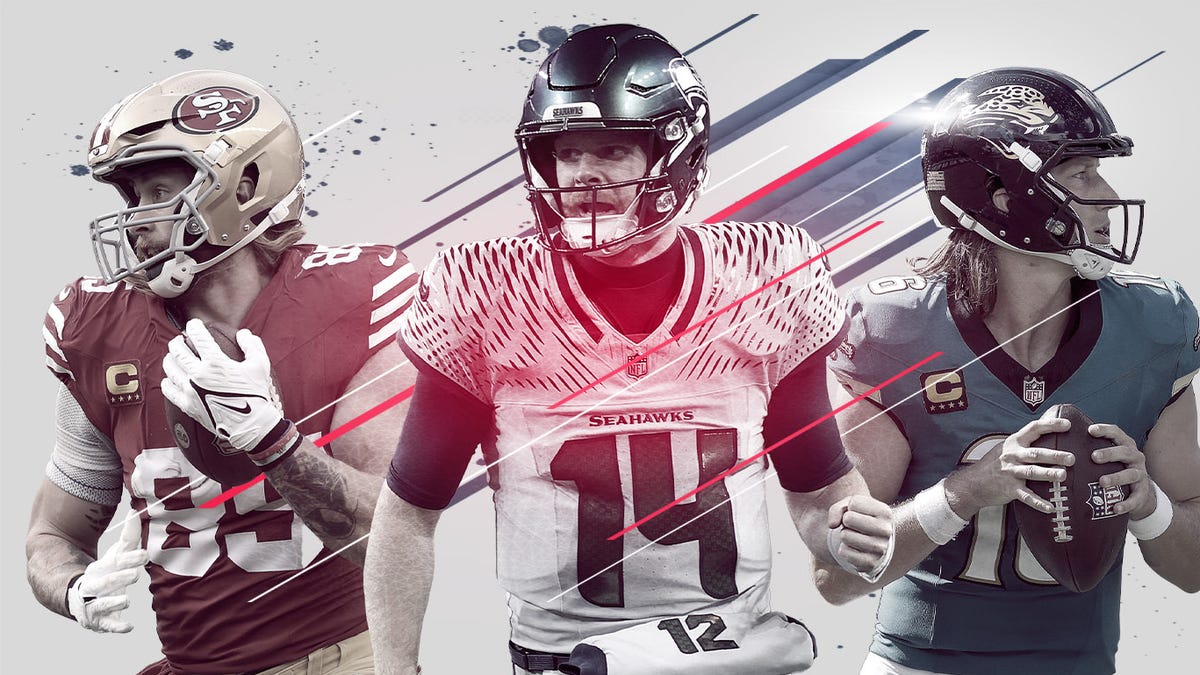 George Kittle of the San Francisco 49ers, Sam Darnold of the Seattle Seahawks and Trevor Lawrence of the Jacksonville Jaguars