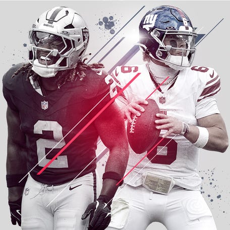 Ashton Jeanty of the Las Vegas Raiders and Jaxson Dart of the New York Giants