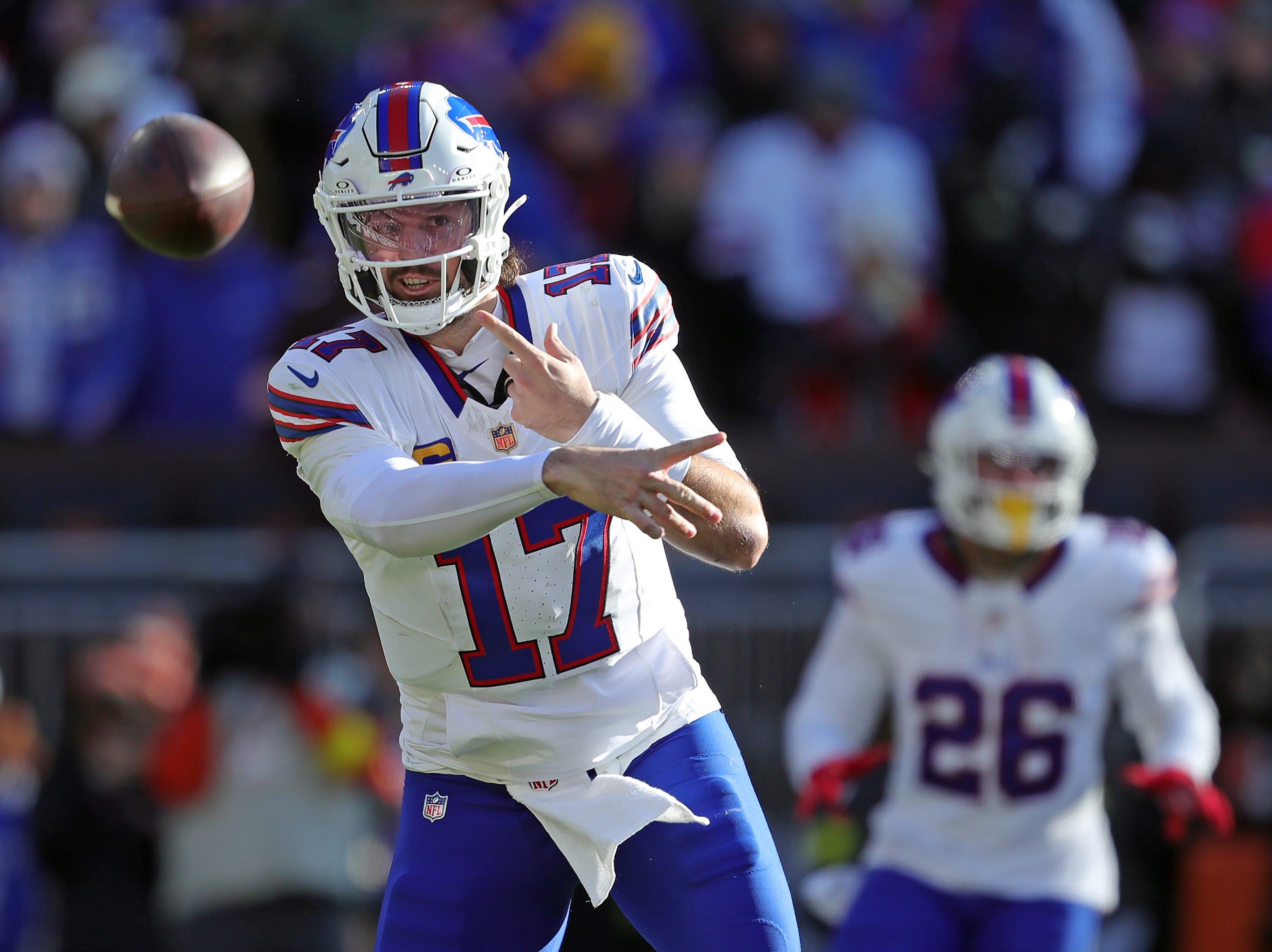 Buffalo Bills quarterback Josh Allen (17) gets a pass off during the first half of an NFL football game at Huntington Bank Field, Dec. 21, 2025, in Cleveland, Ohio.