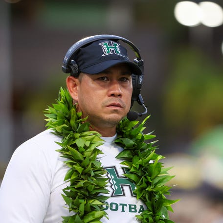 Head coach Timmy Chang of the Hawaii Rainbow Warriors on the sideline during a break in the action during the first half of the game against the Fresno State Bulldogs at Clarence T.C. Ching Athletics Complex on September 20, 2025 in Honolulu, Hawaii.