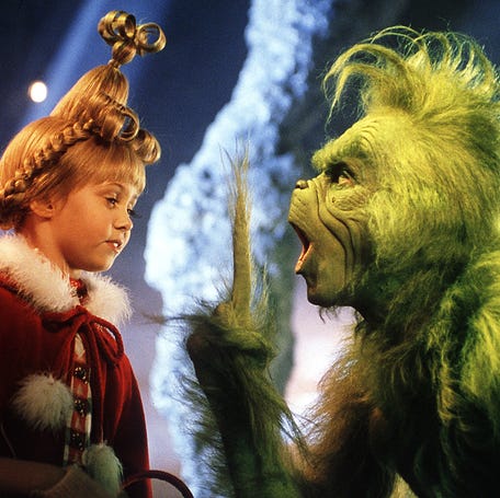 The Grinch (Jim Carrey) and Cindy Lou Who (Taylor Momsen) in Ron Howard's 2000 film "Dr. Suess' How The Grinch Stole Christmas."