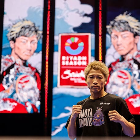 Japan's boxer Naoya Inoue trains during a public workout at the Boulevard Entertainment City, In Riyadh on December 24, 2025, ahead of the final major fight card of the year against Mexico's David Picasso presented by the Riyadh season entitled "The Ring V night of Samurai."