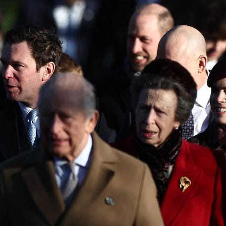 Britain's King Charles III (2L) walks with Jack Brooksbank (L), Britain's Prince William, Prince of Wales (C), Britain's Princess Anne, Princess Royal (3R), Britain's Princess Eugenie of York (R),and others as they arrive for the Royal Family's traditional Christmas Day service at St Mary Magdalene Church on the Sandringham Estate in eastern England, on December 25, 2025. (Photo by HENRY NICHOLLS / AFP via Getty Images)