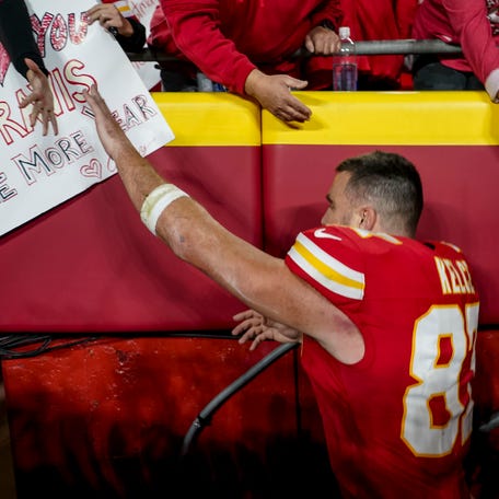 Kansas City Chiefs tight end Travis Kelce (87) after the game at GEHA Field at Arrowhead Stadium.