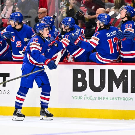 James Hagens (12), who scored in the 2025 gold medal game against Finland, is playing in this year's tournament.