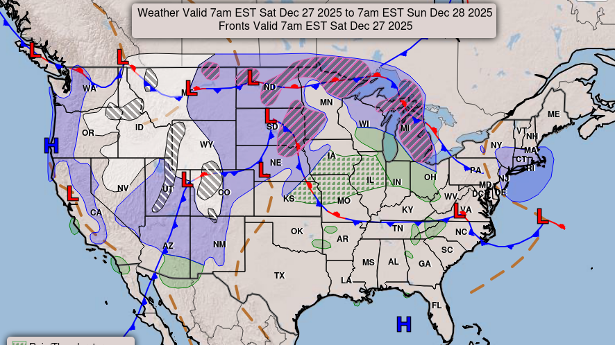 A National Weather Service forecast map for Saturday, Dec. 27, 2025.
