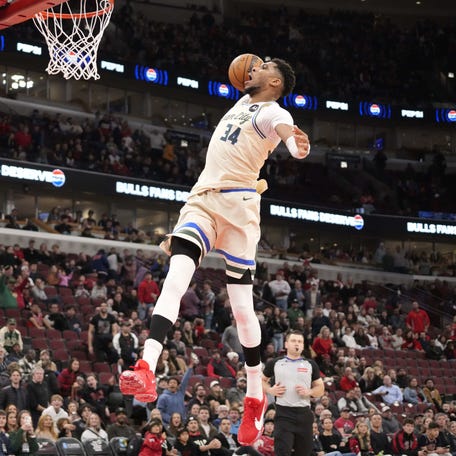 Milwaukee Bucks forward Giannis Antetokounmpo (34) goes up for a dunk against the Chicago Bulls during the second half at United Center in Chicago, Illinois on Dec. 27, 2025.