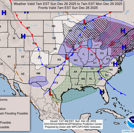 A National Weather Service forecast map for Sunday, Dec. 28, 2025