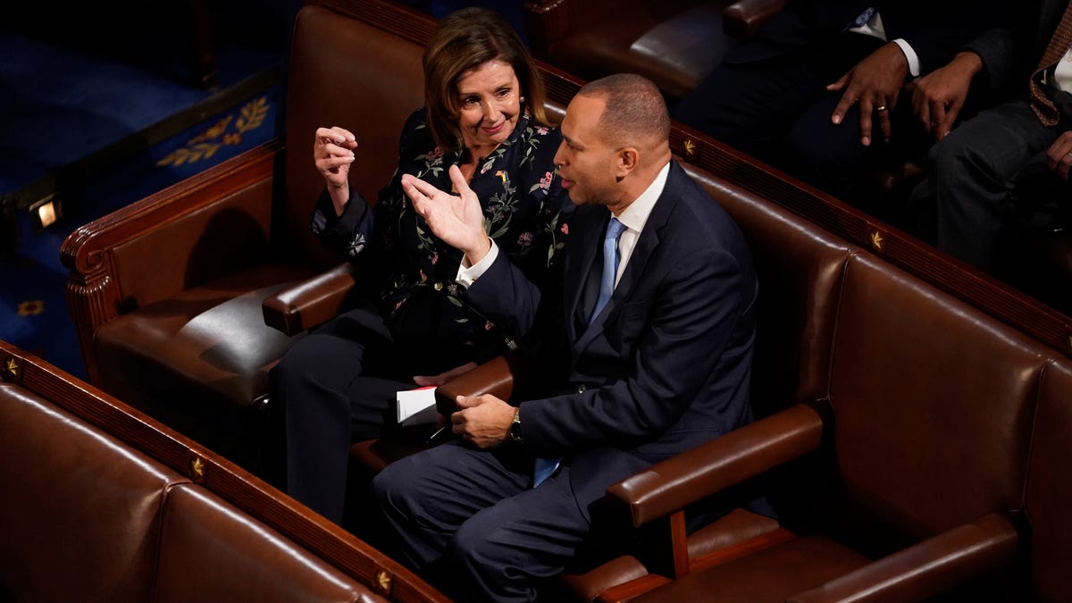 Rep. Nancy Pelosi (D-Calif.) talks with Rep. Hakeem Jeffries (D-NY) after the thirteenth vote for Speaker of the House on Friday, Jan. 6, 2023 as Republicans take over the U.S. House of Representatives with a slim majority.