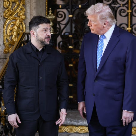President Donald Trump and Ukrainian President Volodymyr Zelensky are pictured at Mar-a-Lago on Dec. 28, 2025.