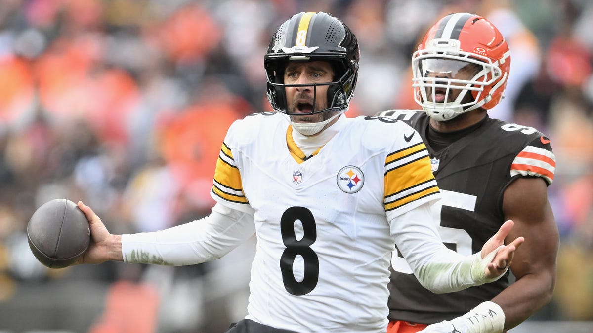 Aaron Rodgers #8 of the Pittsburgh Steelers reacts after an offensive penalty in the second quarter of the game against the Cleveland Browns at Huntington Bank Field on December 28, 2025 in Cleveland, Ohio.