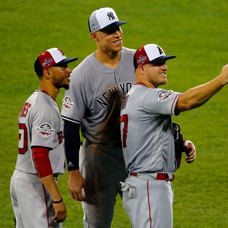 Mookie Betts, Aaron Judge and Mike Trout during the 2018 All-Star Game.