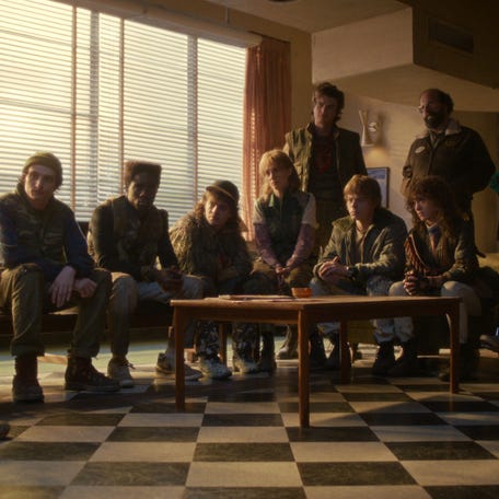 Noah Schnapp, Finn Wolfhard, Caleb McLaughlin, Gaten Matarazzo, Maya Hawke, Joe Keery, Charlie Heaton, Brett Gelman, Natalia Dyer, Amybeth McNulty, Sadie Sink and Millie Bobby Brown in "Stranger Things" Season 5.