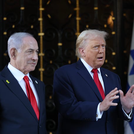 President Donald Trump talks to the media as he welcomes Israeli Prime Minister Benjamin Netanyahu to his Mar-a-Lago club on December 29, 2025 in Palm Beach, Florida.