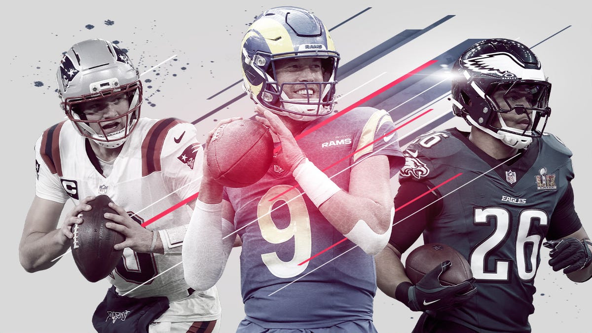 Drake Maye of the New England Patriots, Matthew Stafford of the Los Angeles Rams and Saquon Barkley of the Philadelphia Eagles