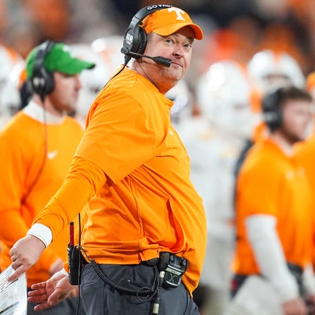 Tennessee coach Josh Heupel makes a face after Tennessee is called offsides during the 2025 Music City Bowl at Nissan Stadium in Nashville, Tenn., on Dec. 30, 2025.