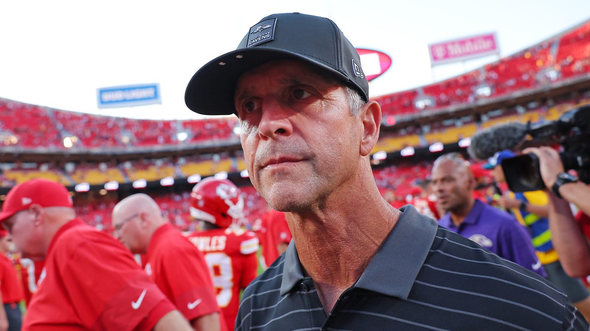 Head coach John Harbaugh of the Baltimore Ravens looks on after losing to the Kansas City Chiefs 37-20 at Arrowhead Stadium on September 28, 2025 in Kansas City, Missouri.