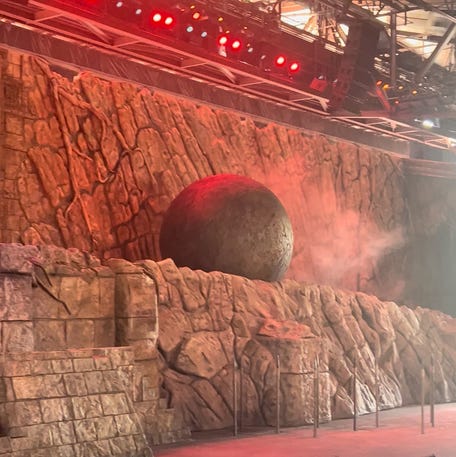 The fake boulder is supposed to roll down a track, like it does during this Aug. 29, 2024 performance of Indiana Jones Epic Stunt Spectacular! at Disney's Hollywood Studios.