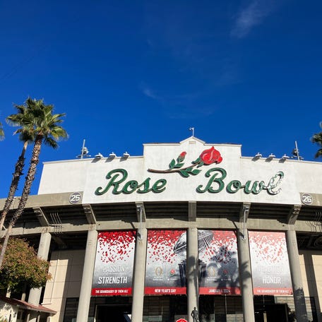 An exterior of the Rose Bowl host of the college football playoff semifinal game between Michigan and Alabama.
